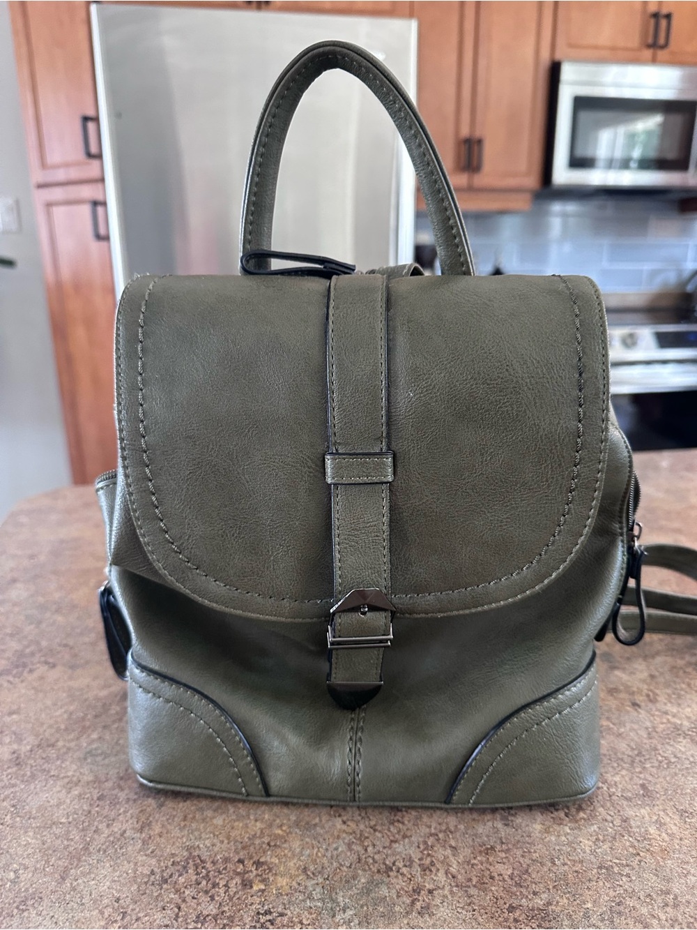Olive Green Faux Leather Mini Backpack - Women Bags